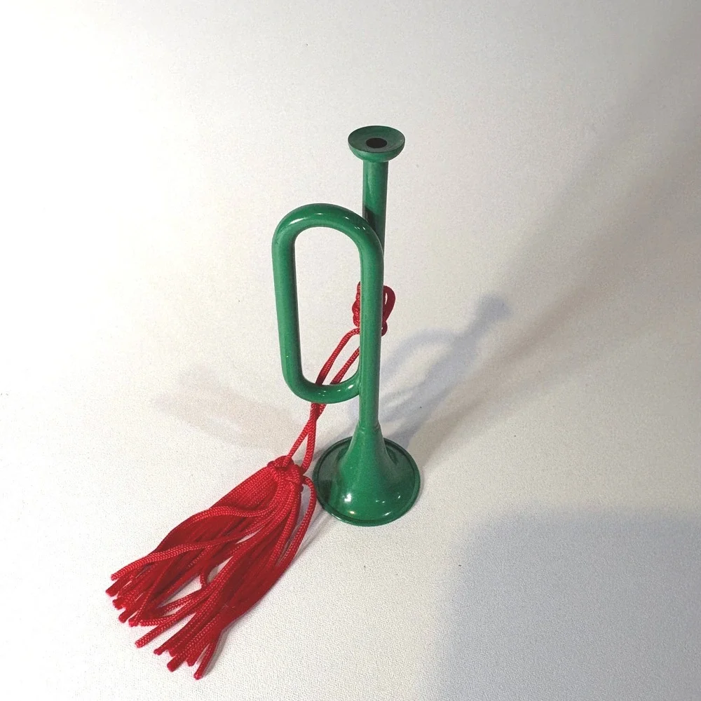 Vintage Miniature Green Metal Trumpet Horn Christmas Ornament with Red Tassel